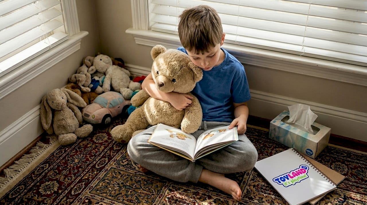 Child hugging plush toy for comfort