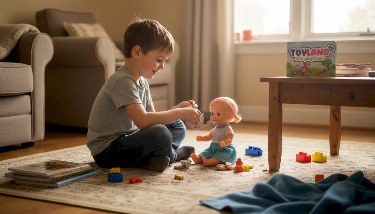 Boy playing creative tea party with doll