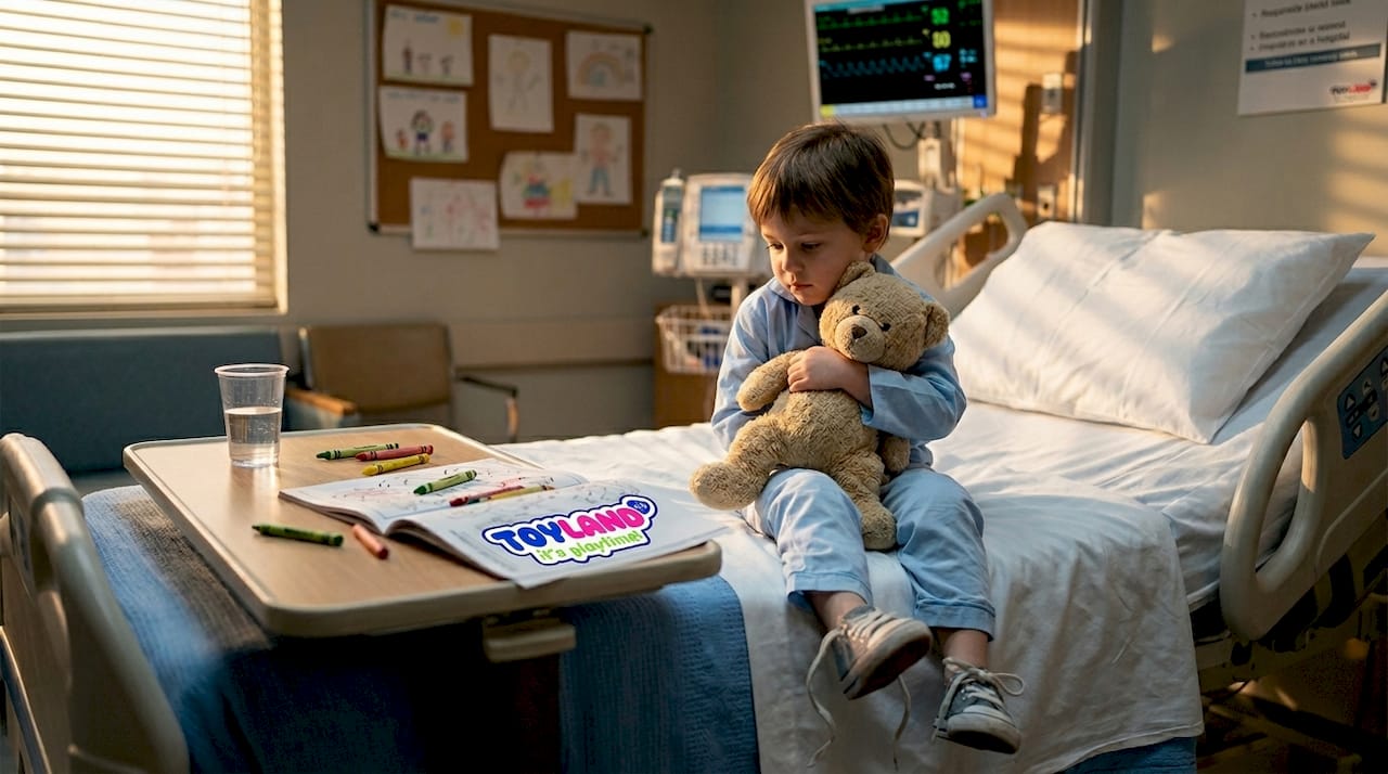 Child with stuffed bear on hospital bed