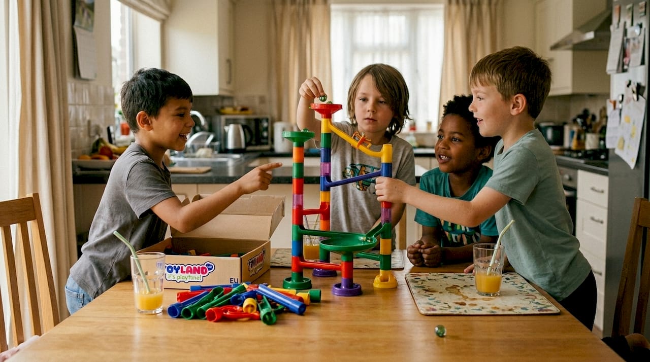 Kids building marble run collaborative play