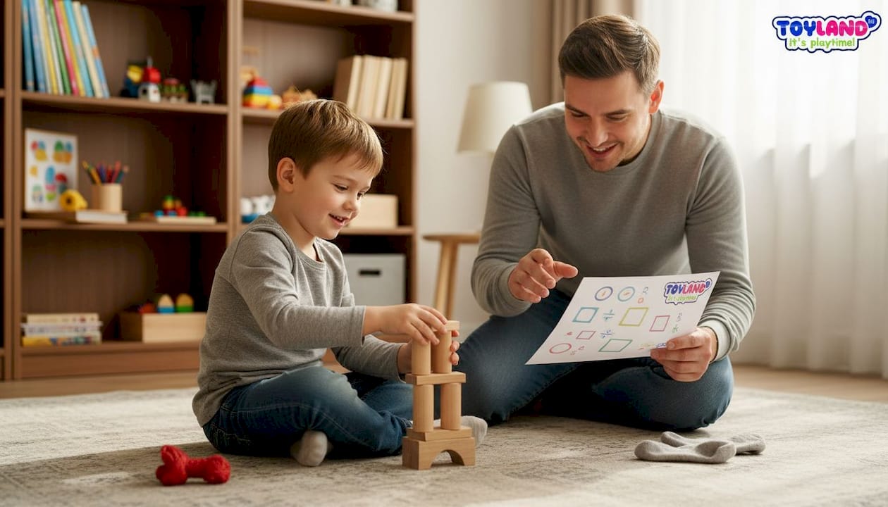 Child learning math skills with building blocks