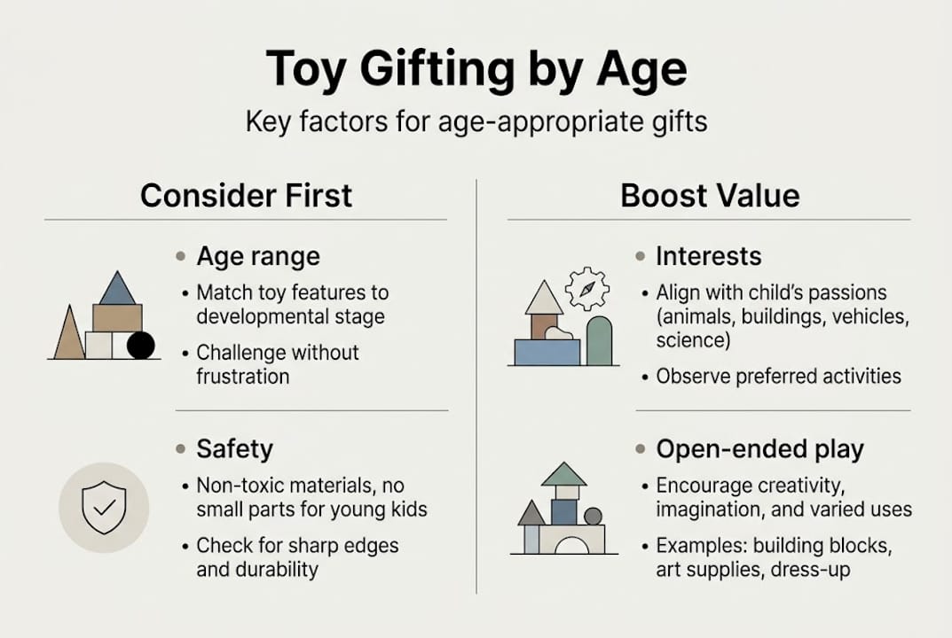 Infographic showing age-appropriate toy choosing factors