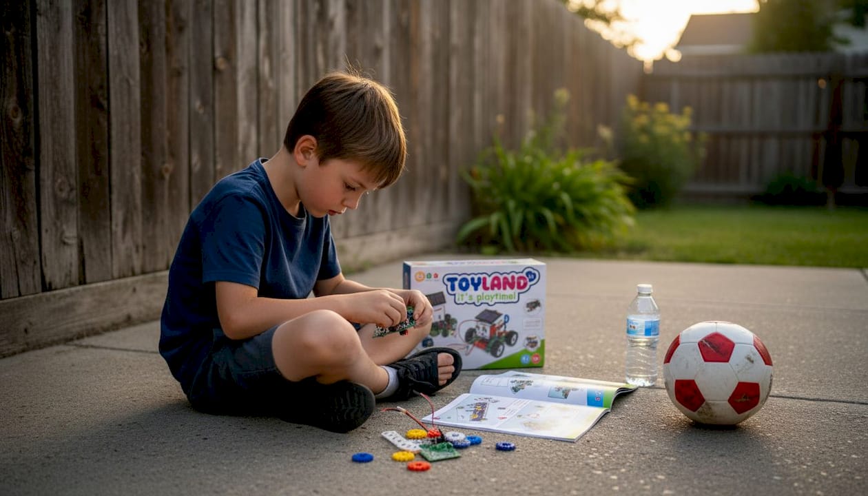 Child assembling outdoor STEM robot kit