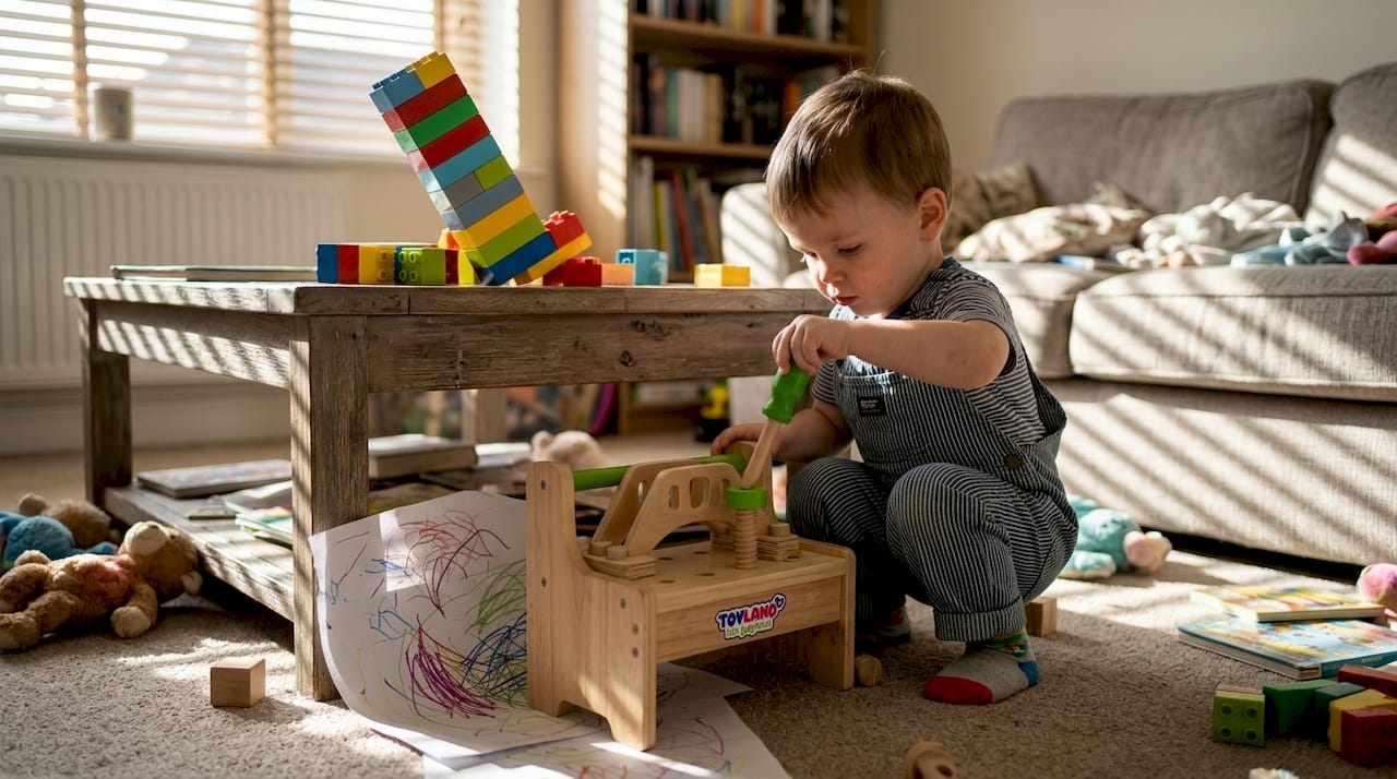 Toddler using wooden toy tool set