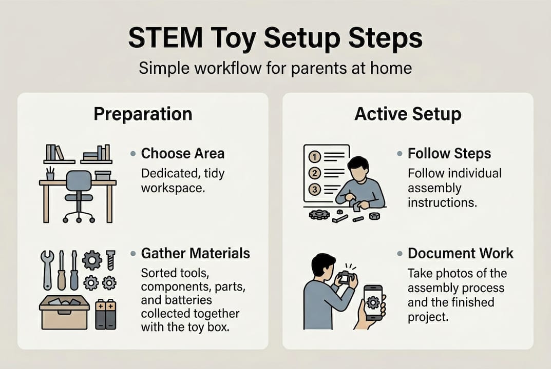 Infographic STEM toy setup step-by-step workflow