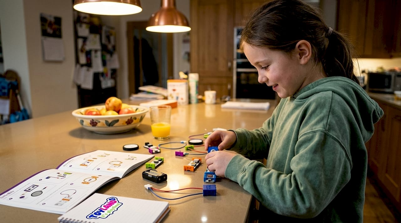 Child assembling littleBits kit at kitchen island