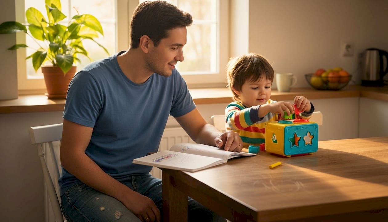 Parent and child with developmental toy at kitchen table