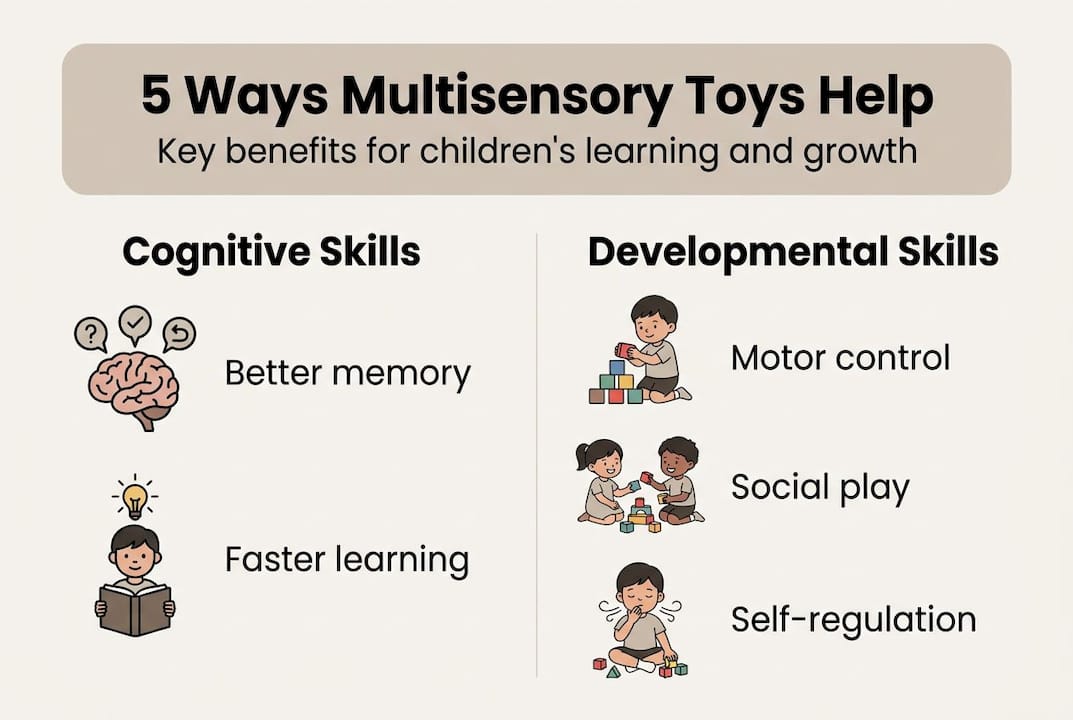 Infographic listing five main benefits of multisensory toys