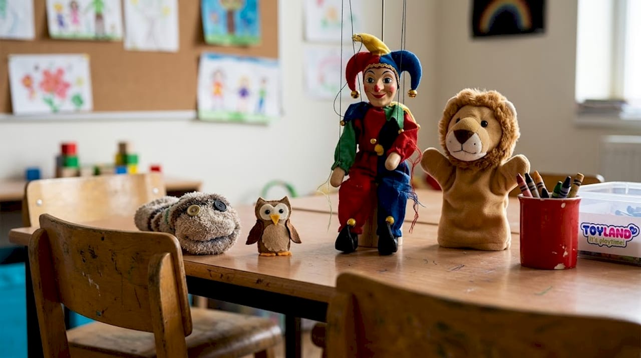 Variety of puppet toys on classroom table
