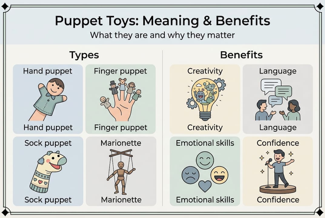 Infographic shows types and benefits of puppet toys