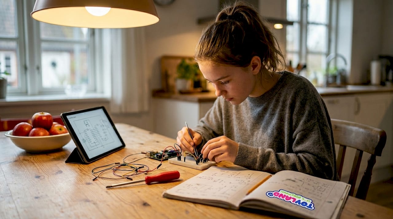 Teen wiring an electronic circuit kit at table