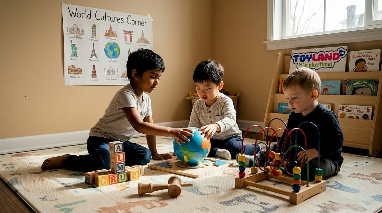 Children sharing multicultural toys in playroom