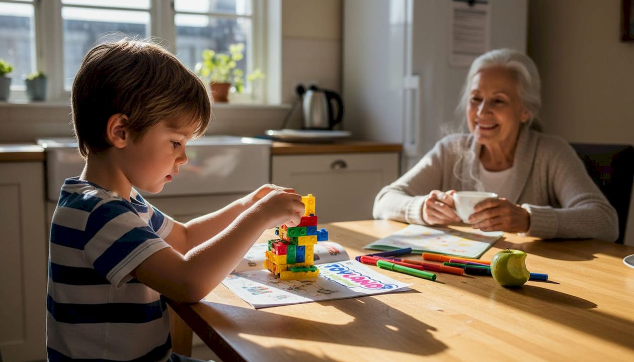 Boy building robot at family kitchen table
