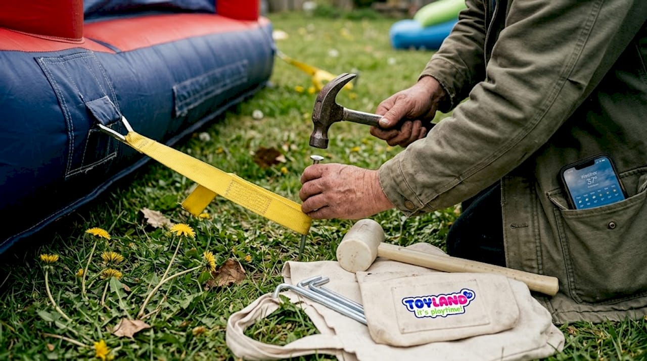 Securing bouncy house with ground anchors