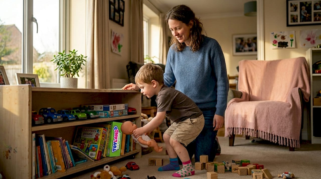 Parent observes son choosing doll from shelf
