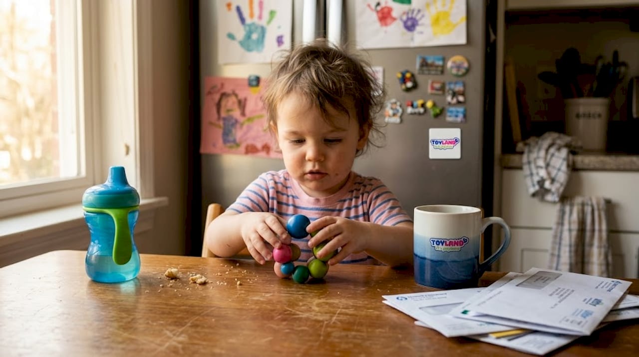 Child exploring sensory toy at kitchen table