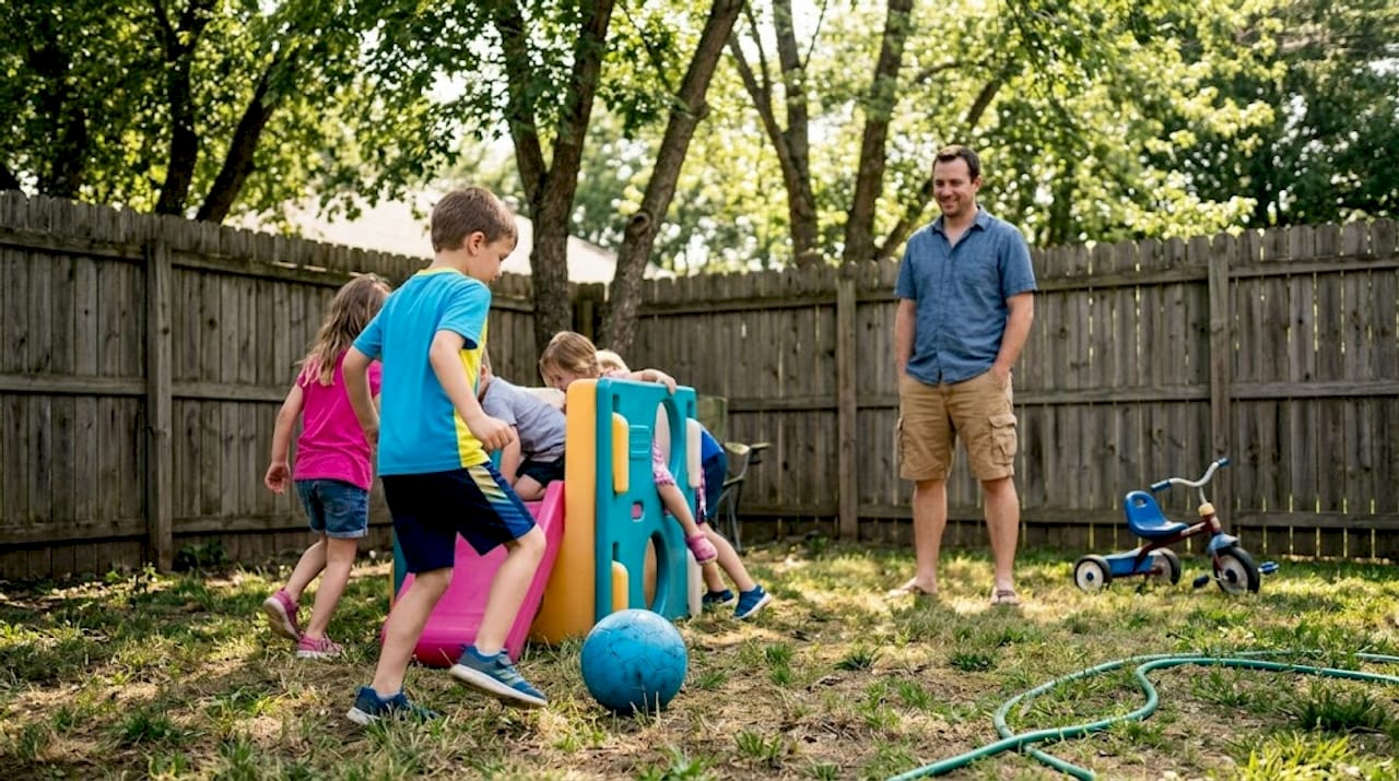 Parent supervising boys with outdoor toys