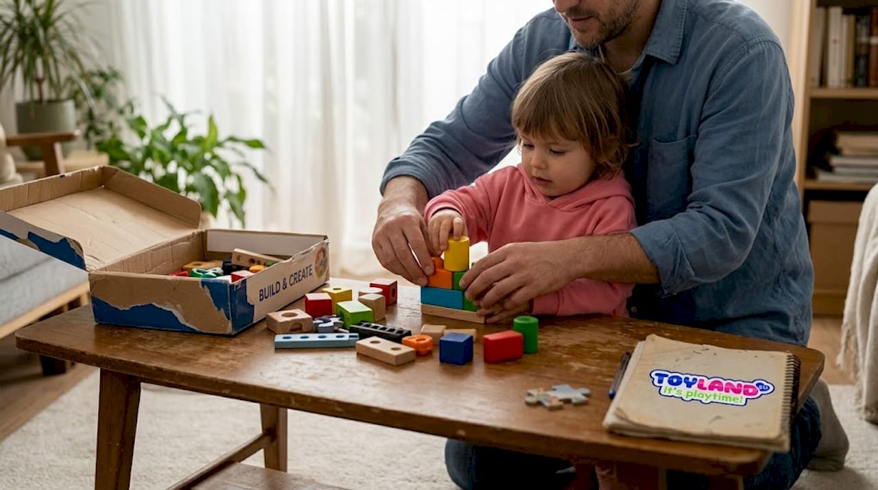 Parent and child playing with building toys