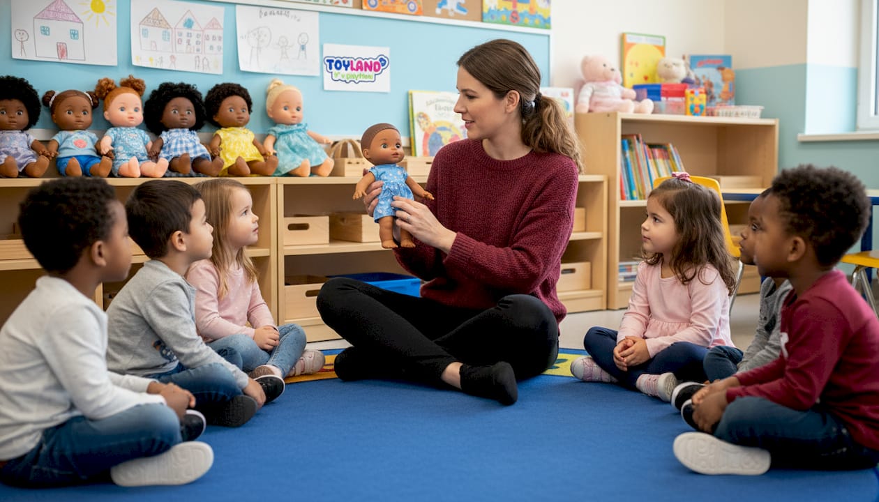 Teacher presenting diverse doll in classroom group