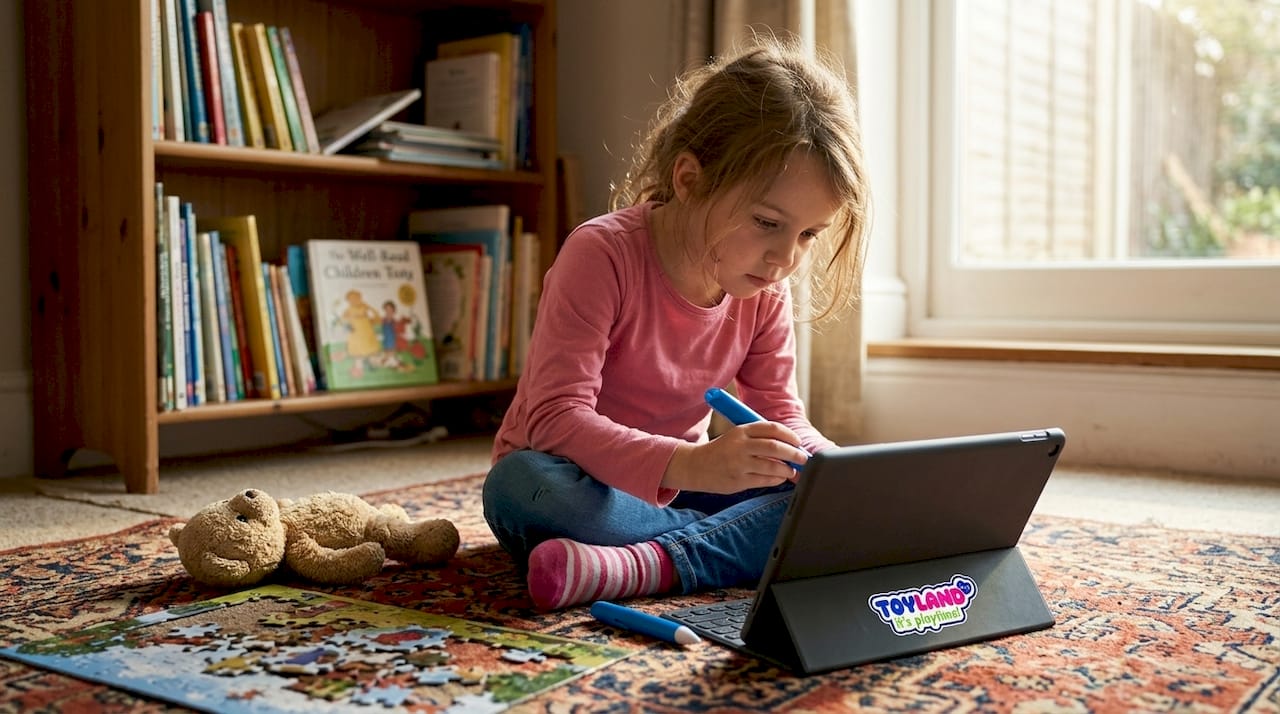 Girl uses tablet and reader pen for languages