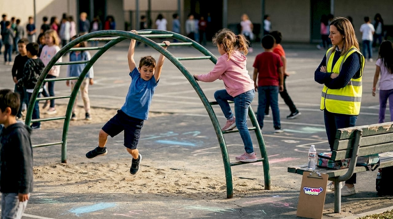 Adult supervising children on monkey bars