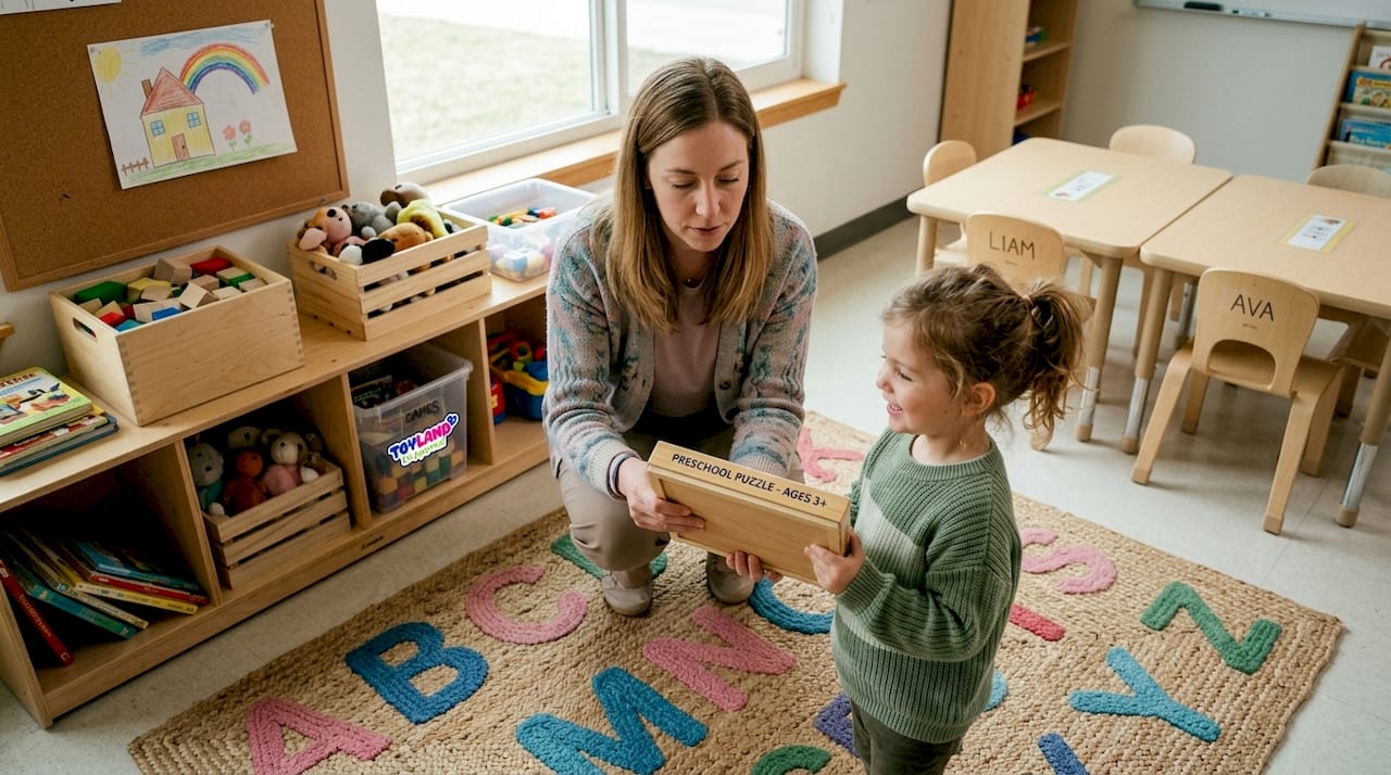 Teacher choosing age-appropriate toy for child