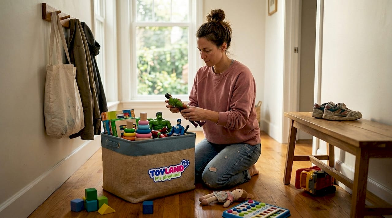 Parent sorting toys in hallway
