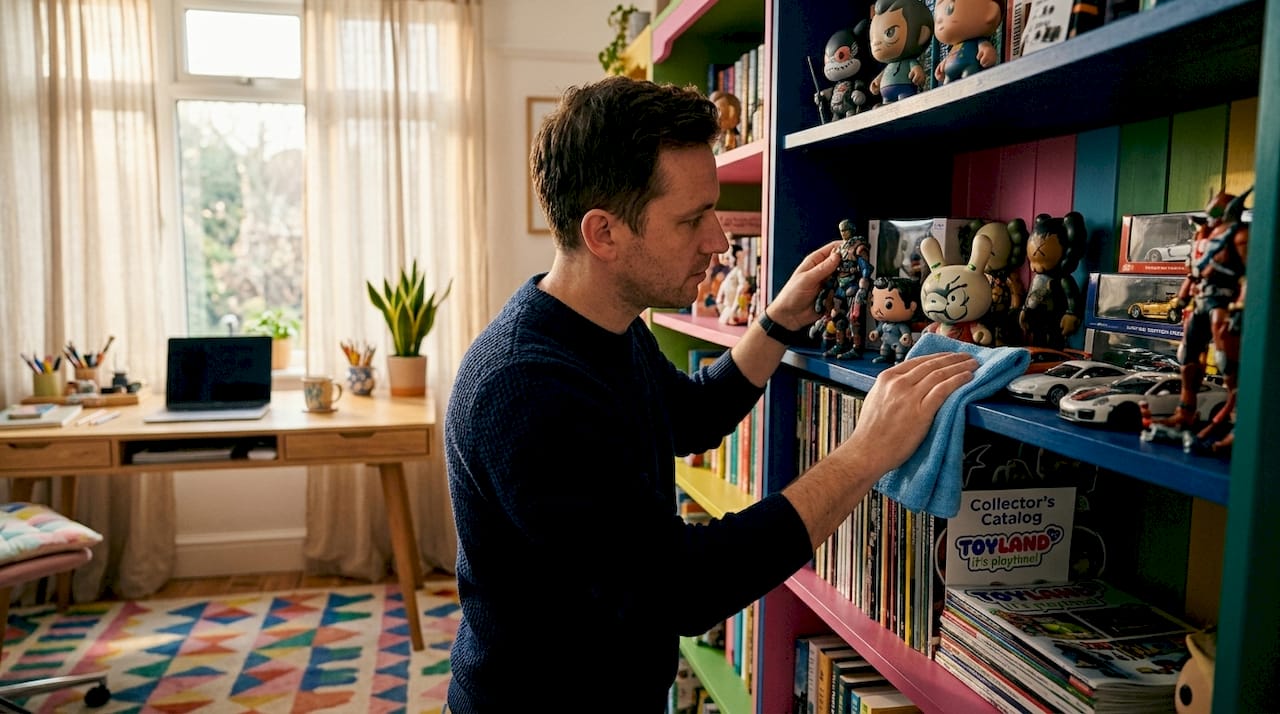Collector dusting toys in glass cabinet