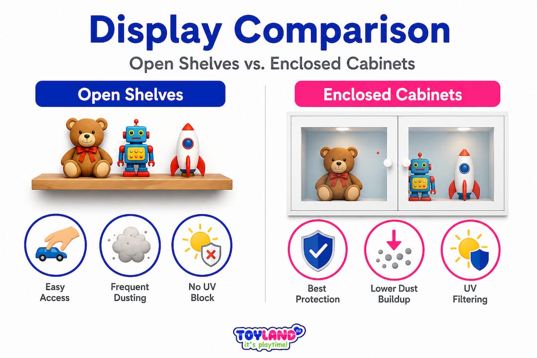 Infographic comparing open shelves and enclosed cabinets