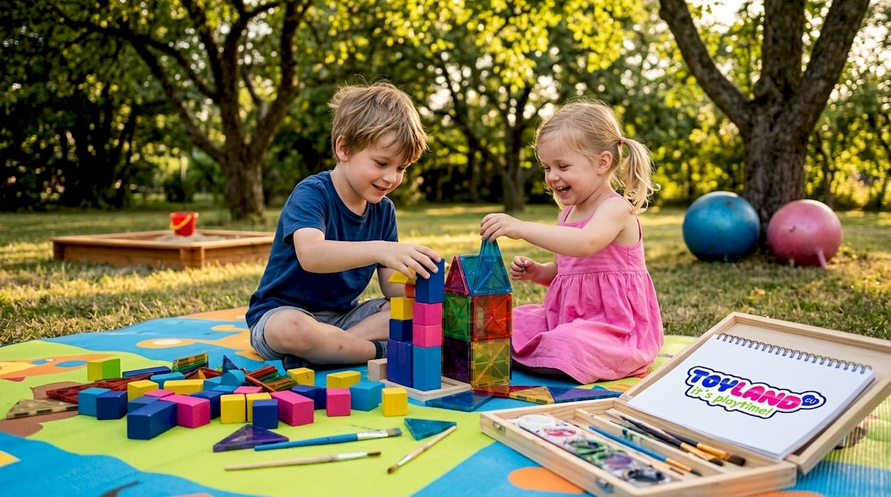 Kids engaged with blocks and art kit