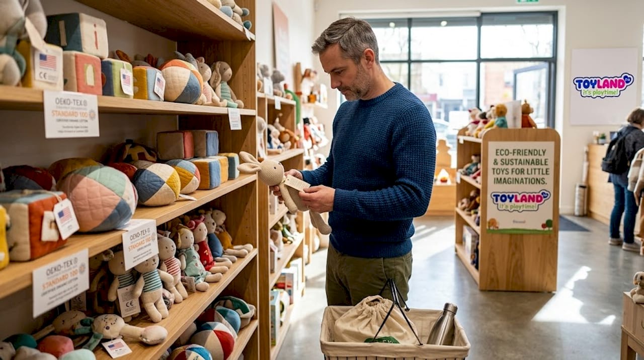 Adult examines certified textile toy in store