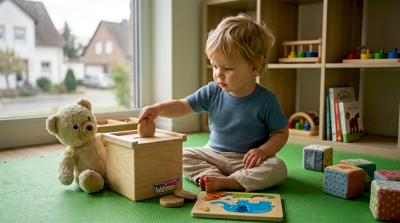 Toddler with Montessori object permanence puzzle