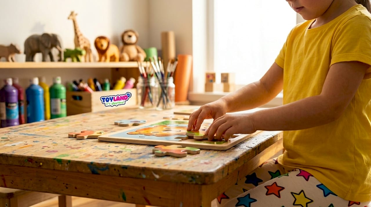 Child building puzzle at kitchen table
