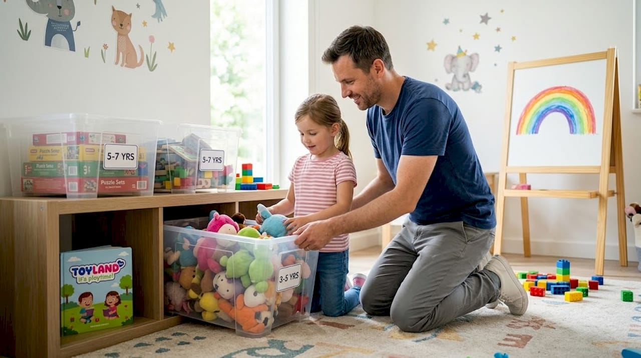 Parent organizing STEAM toys with young child