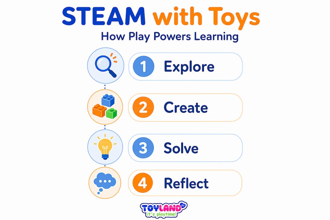 Vertical flow infographic: STEAM learning steps with toys
