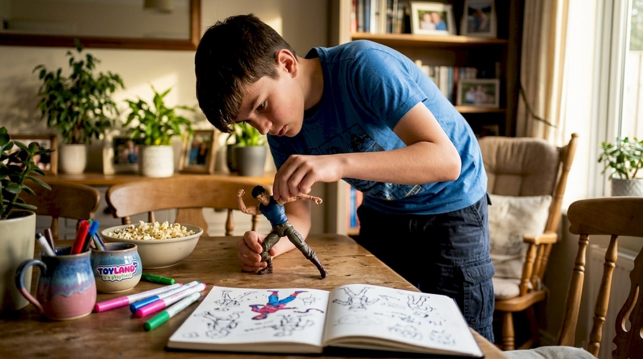 Teenager posing large action figure roleplay