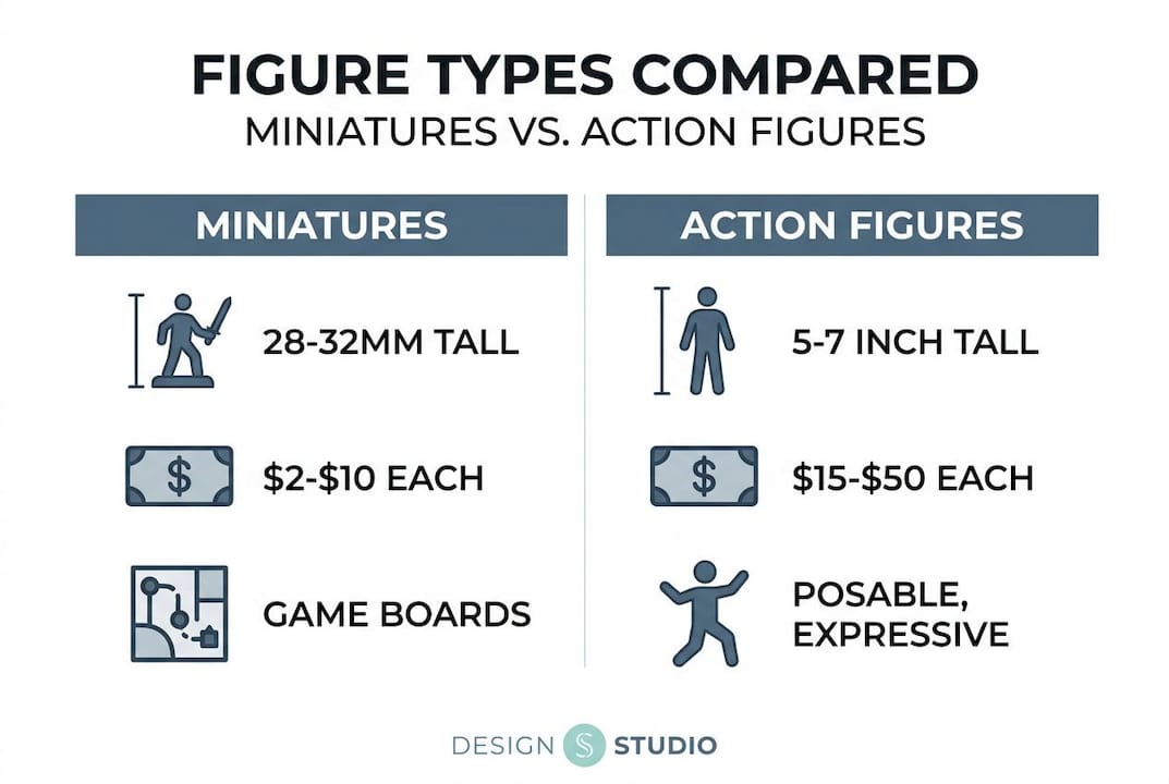 Infographic comparing miniatures and action figures