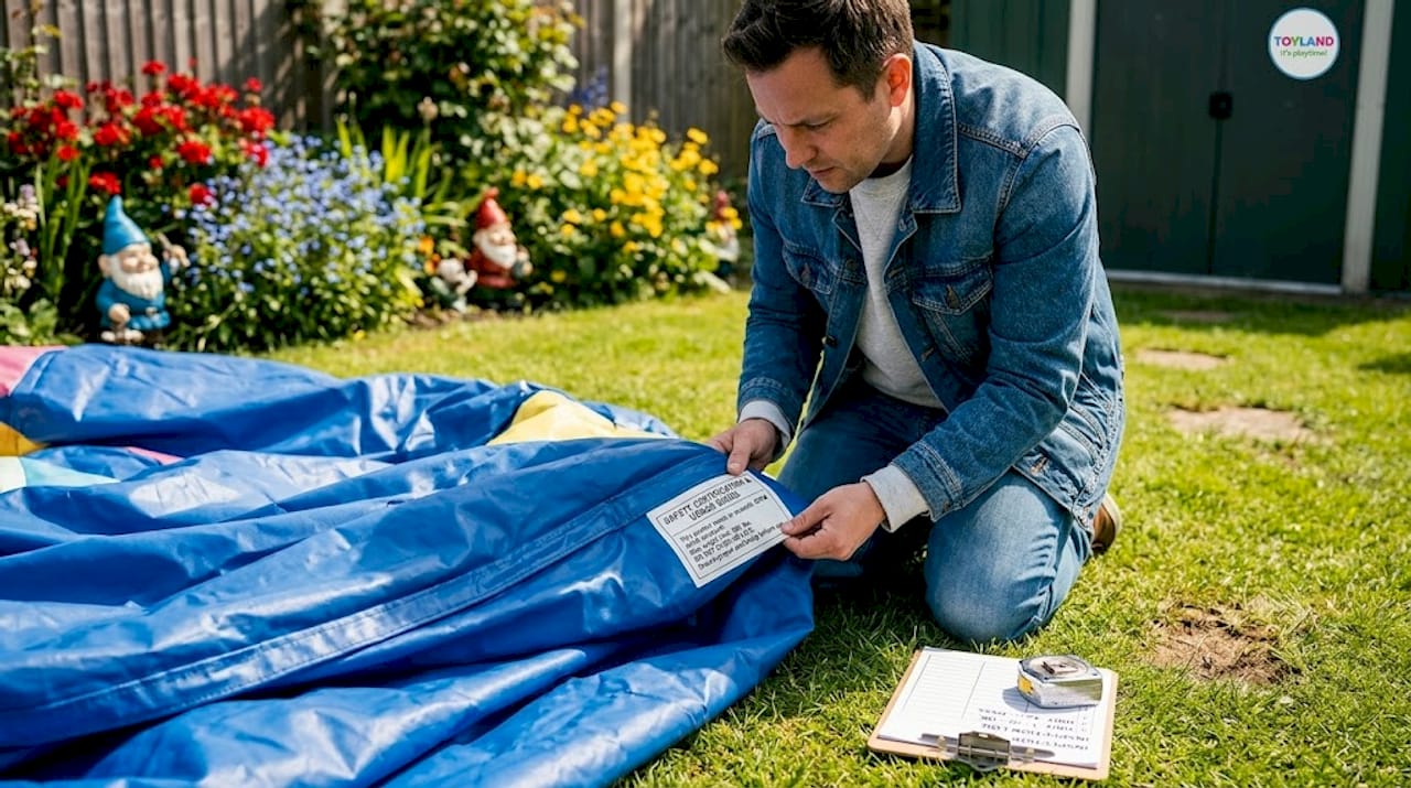 Parent checks bouncy house safety label