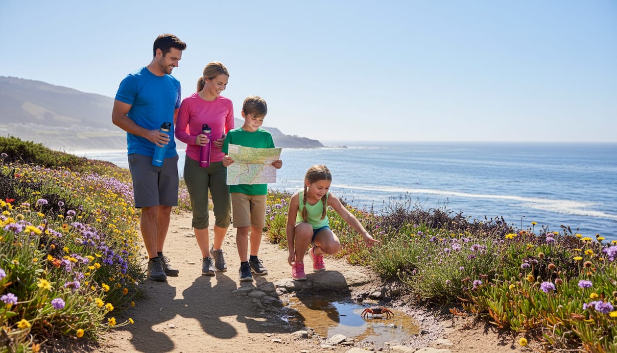 Family hiking on forest summer trail