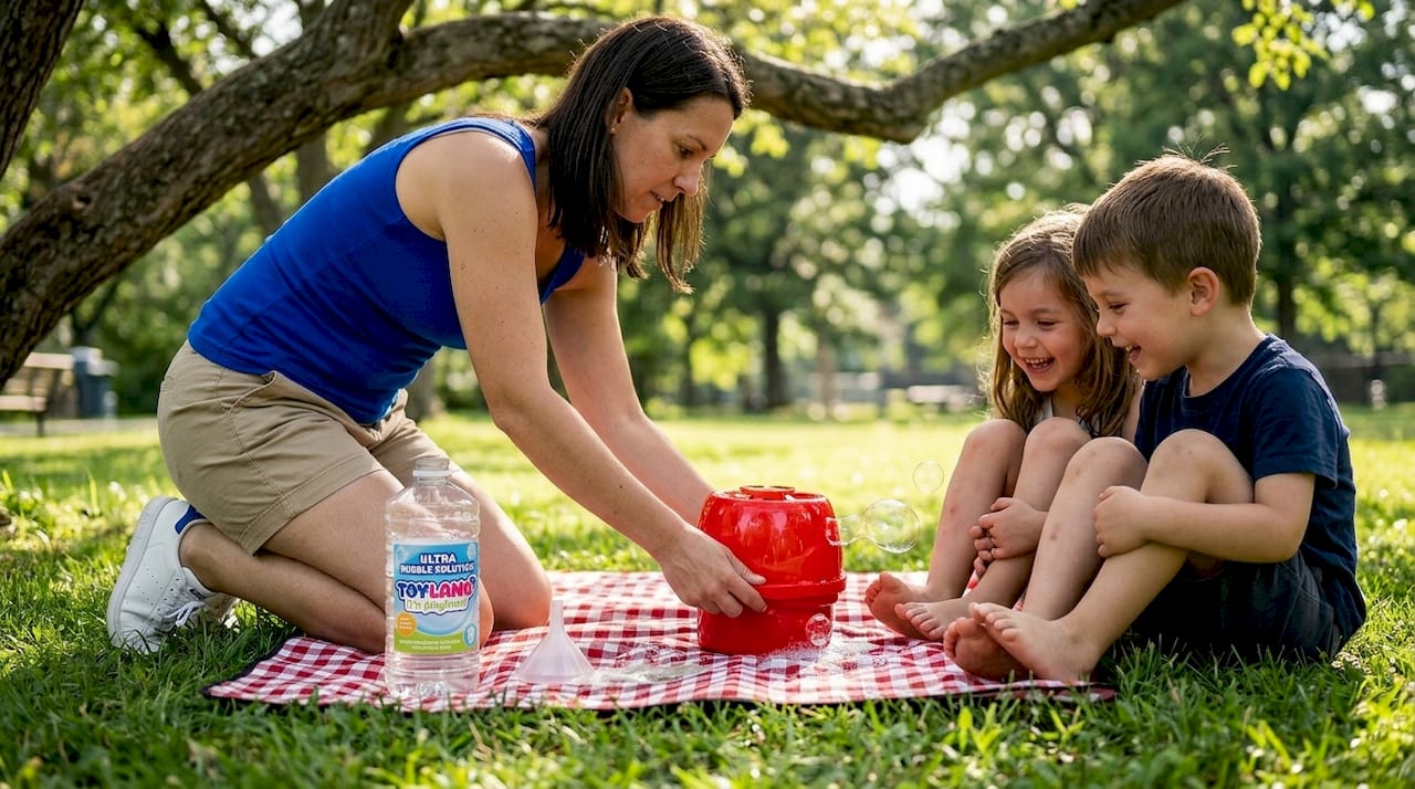 Adult setting up bubble machine outdoors