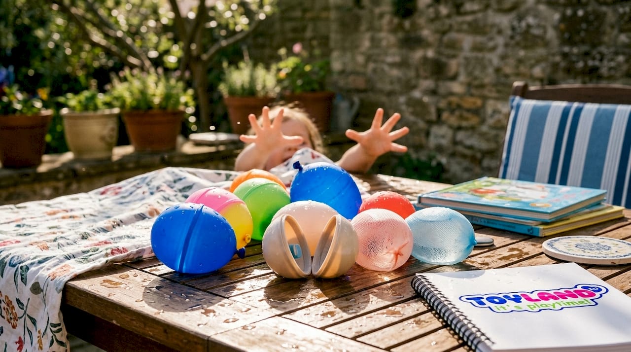 Close-up of three reusable water balloon types