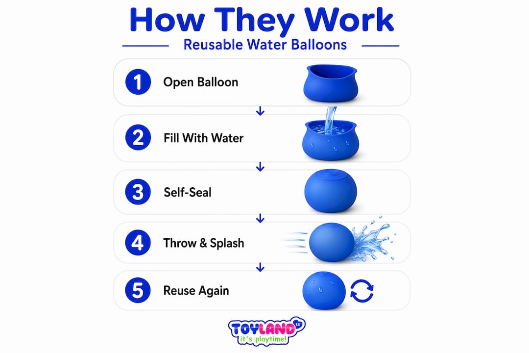 Infographic showing reusable water balloon usage steps