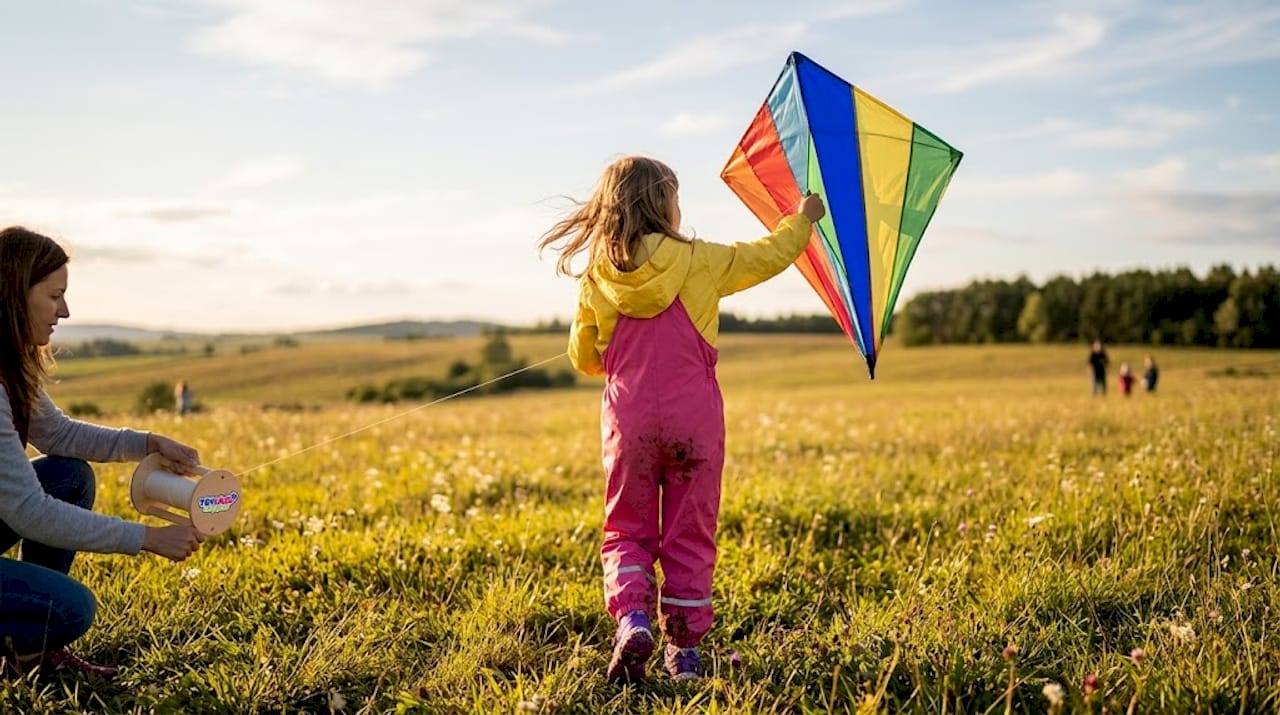 Child launching kite with mother in field