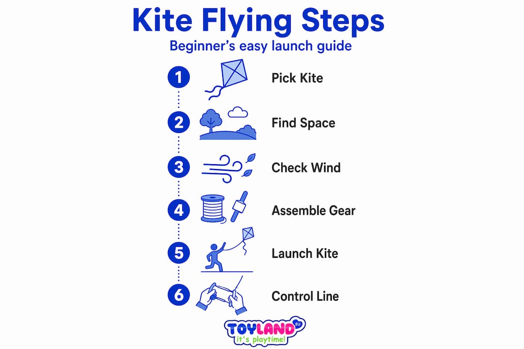 Infographic with six steps to fly a kite