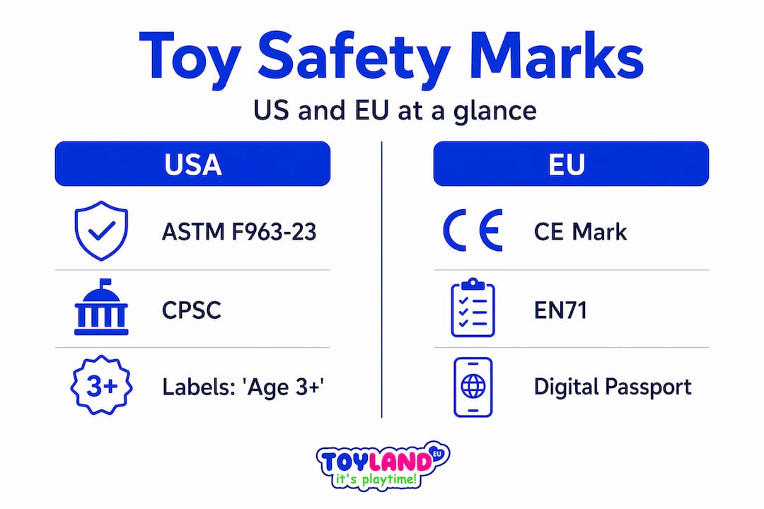 Infographic comparing US and EU toy safety marks