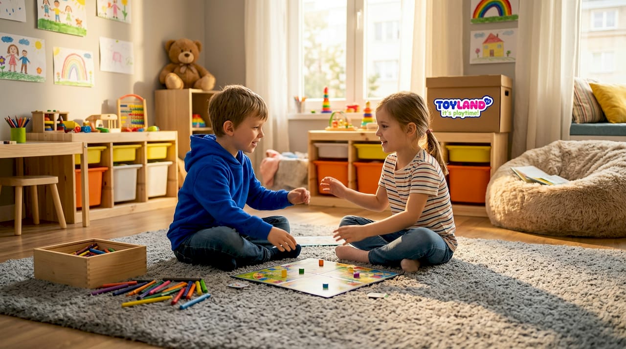 Children playing together with board game