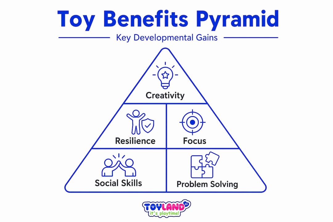 Pyramid infographic showing toy developmental benefits