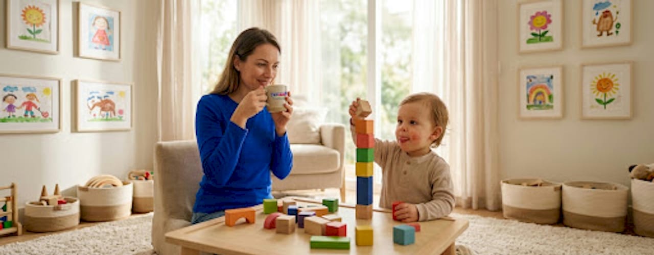 Parent observing toddler playing with gift set