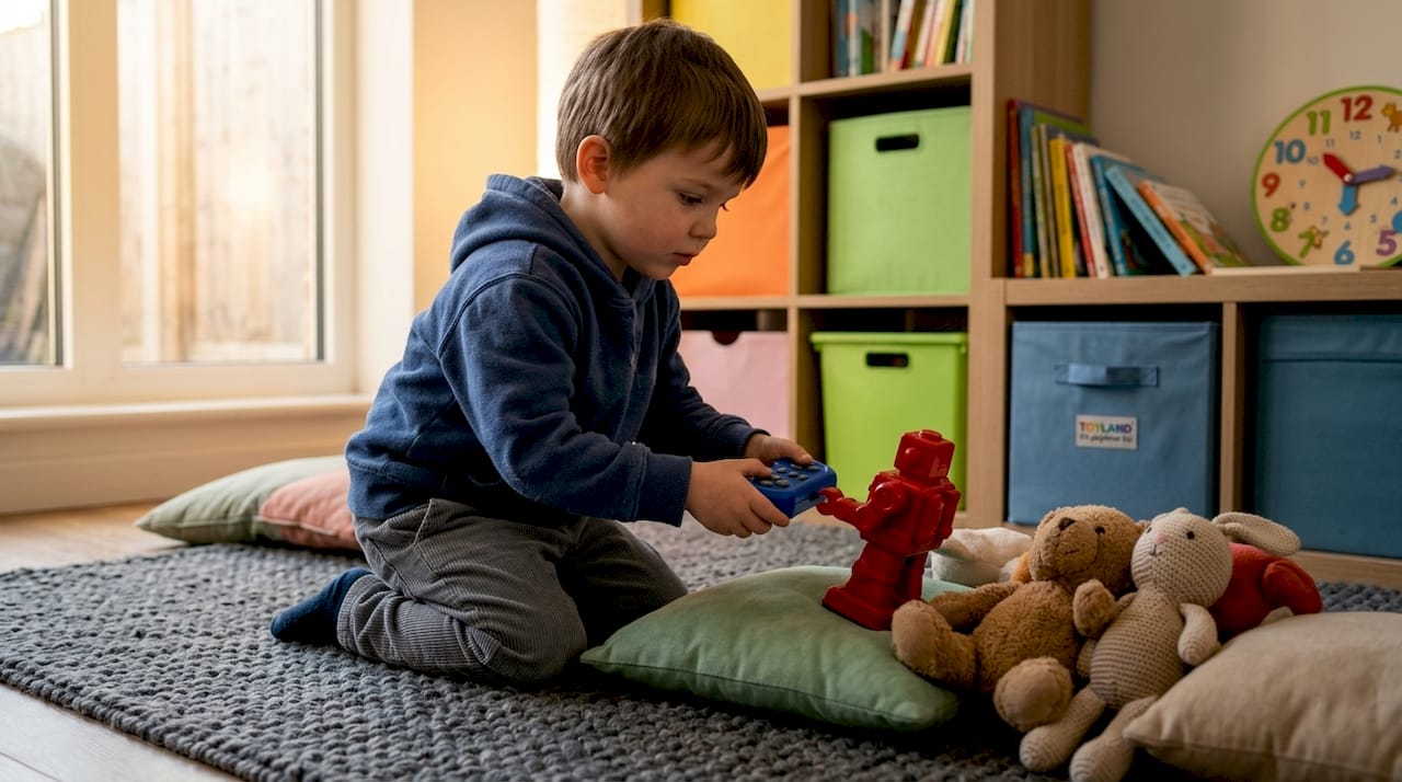 Preschooler engaging with remote control robot toy