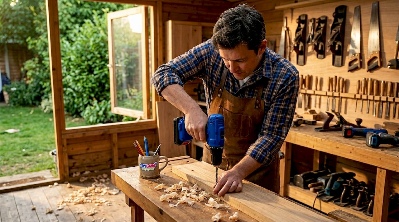 Woodworker using drill at garage bench